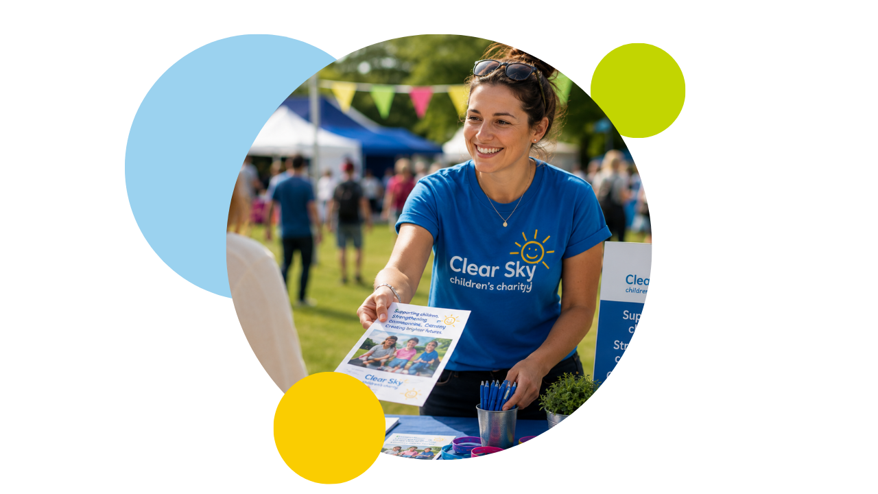 female volunteer handing out leaflets at a charity event